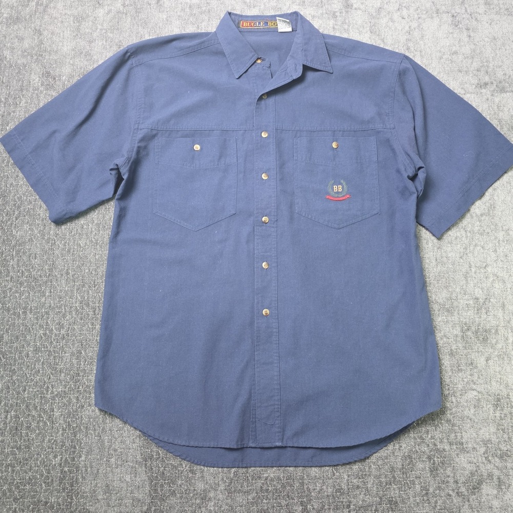 Vtg Bugle Boy Work Camp Shirt Mens Large Navy Blue Polycotton Dual Pocket Garage